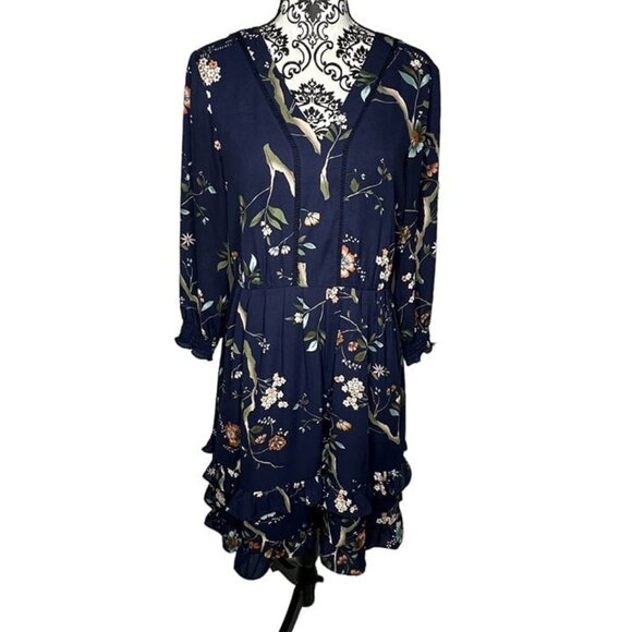 Nanette Lepore Navy Floral-Print Ruffled-Skirt Dress Size 10 - Picture 2 of 9